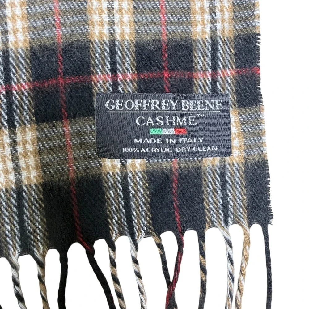 Geoffrey Beene Cashme Scarf Plaid Black Tan Red Made in Italy Acrylic Fringe‎